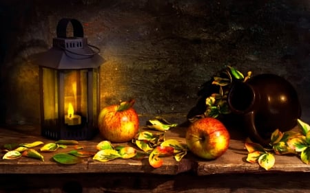 A peep at Nature - nature, light, jug, color, apples