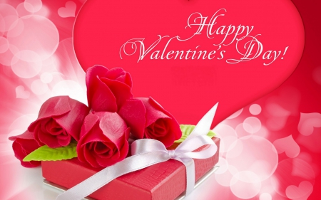 Happy Valentine's Day! - red, flower, rose, pink, white, card, bow, valentine, heart, gift