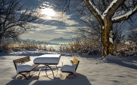 Waiting for Spring - clouds, benches, landscape, snow, table, sunshine, mountains, tree