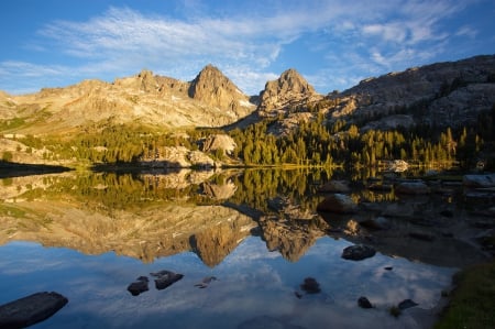 Lake Ediza, Sierra Nevada, California - trees, reflection, water, mountains, stones