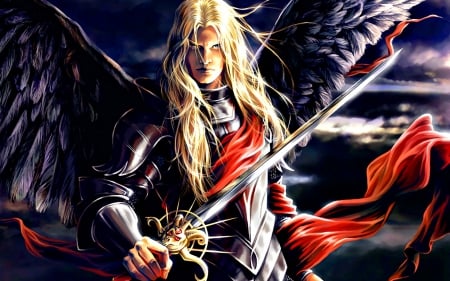 Lucifer - red, sword, demon, lucifer, dark, art, wings, blond, fantasy, mathia arkoniel, guy, angel, man