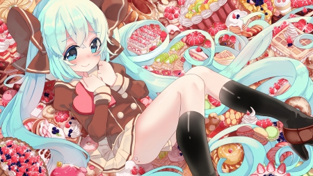 Sweet Valentine - miku, hatsune, miku hatsune, cute, happy, vocaloids, anime girl, adorable, candy, girl, smiling, tart, fruit, valentine, food, ir, cake, blue hair, pie, twin tails, kawaii, sweet, vocaloid, anime, twintail, twintails, happy valentine, twin tail, long hair, smile, female, hatsune miku