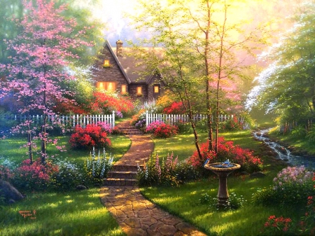 Dogwood Cottage - attractions in dreams, houses, trees, lovely, spring, cottages, nature, love four seasons, beautiful, paintings, flowers, colors, garden