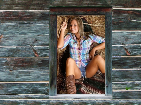 Cowgirl's Window - style, girls, western, hay, women, models, ranch, cowgirls, fun, female, barns, boots, blondes, fashion