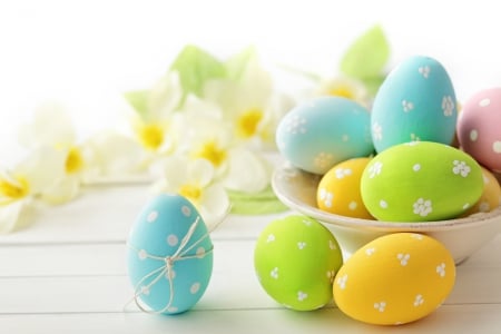 Easter - flower, delicate, dot, flowers, spring, egg, yellow, eggs, blue, easter, white, card