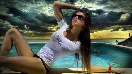 Girl on the beach - white, woman, t-shirt, with