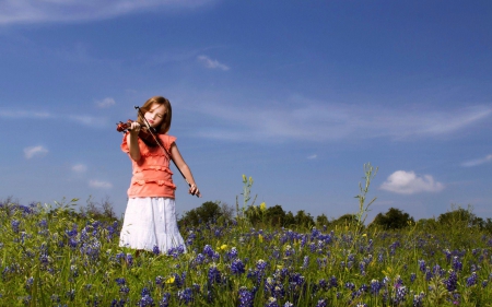 little girl - people, belle, sightly, white, childhood, fair, grass, little, bonny, adorable, child, nature, pink, beautiful, sweet, nice, beauty, sky, photography, standing, pretty, baby, green, cute, kid, dainty, girl, lovely, comely, play, desktopnexus, violin, blonde