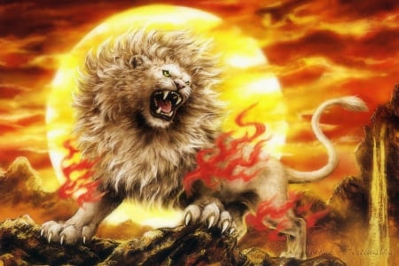 Sunrise Lion - lions, paintings, sunrise, love four seasons, animals, wildlife