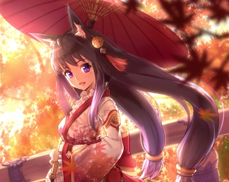 Autumn Falls - nice, autumn, female, twintail, leaf, anime girl, pretty, japan, evening, anime, umbrealla, kimono, twin tail, cute, scene, adorable, girl, falls, twintails, long hair, purple hair, lovely, ears, kawaii, twin tails, dawn, leaves, yukata, sweet, kitsune, dress