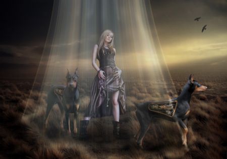 Walking the dogs - creative, animal, fantasy, walking, girl, woman, dog