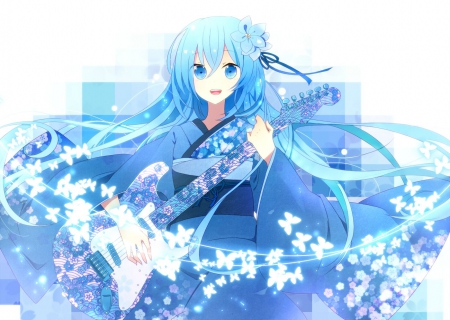 hatsune miku - guitar, vocaloid, ligth blue, miku, hatsune, kimono