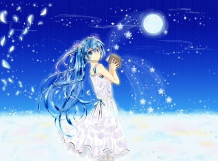 Hatsune Miku - nigth, hatsune, miku, book, pretty, beautiful, vocaloid, anime, girl, dress, white