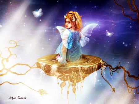 Star Gazer - wings, sky, lights, fairy, artwork, stone, stars