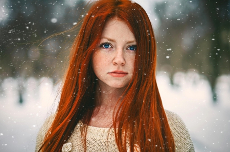 Redhead Beauty - women, winter, female, snowflakes, people, ginger, snow, girl, beauty, girls, redhead, woman, blue eyes