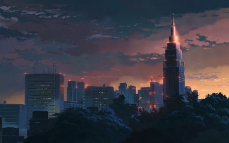 Kotonoha no Niwa - anime, sunset, scenery, movie, city, shinkai, makoto