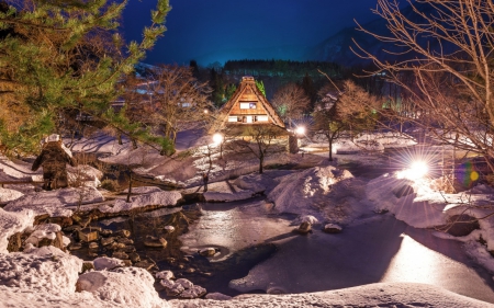 Shirakawa-go - lake, farm, winter, japanese, nature, japan, snow, oriental, house