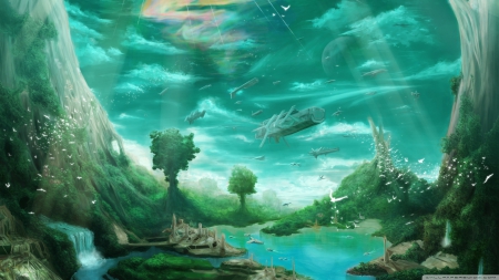 paradise - river, airships, waterfall, paradise, tree