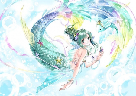 Mermaid - tails, beauty, nice, female, hot, water, anime girl, fantasy, underwater, pretty, anime, fantasy girl, swim, sexy, girl, long hair, scales, lovely, green eyes, beautiful, mermaid, fish, sweet