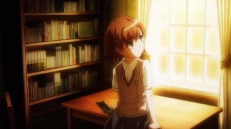 When Will U Call - pretty, mikoto misaka, anime, handphone, shelf, female, book, window, evening, scene, light, dawn, short hair, misaka mikoto, look, nice, mikoto, anime girl, mobile, to aru kagaku no railgun, beautiful, girl, beauty, lovely, brown hair, sweet, misaka, looking, school uniform, glow, railgun