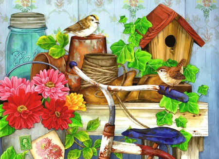 The old garden shed - wide screen, freshness, songbird, sparrow, spring, painting, art, pretty, blossoms, artwork, birdhouse, old, garden, birds, shed, wildlife, bicycle, lovely, bird, avian, beautiful, leaves, animal, flowers, wren