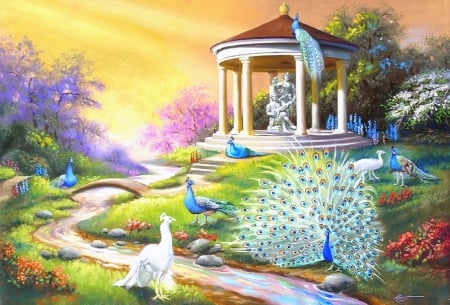 Spring Peacocks - attractions in dreams, forests, trees, animals, spring, nature, love four seasons, peacocks, garzebo, beautiful, paintings, colors, garden, birds