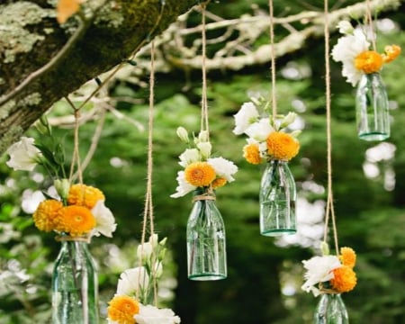 Bottles of Flowers - flowers, tree, hanging, bottles