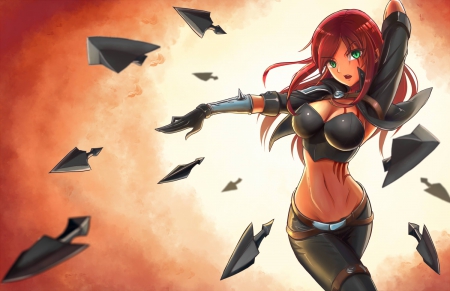 Death Lotus - pretty, anime, female, league of legends, lol, long hair, red hair, rapier, hd, nice, dagger, rpg, video game, mmorpg, katarina, anime girl, beautiful, hot, girl, beauty, lovely, sweet, cg, redhead, knife, sexy