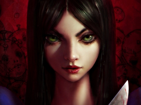 Alice Madness - woman, girl, eyes, knife, black, fantasy, alice, madness, dark, game, zeronis, portrait, red, green