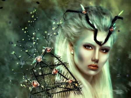 Japan allspice - fantasy, woman, green, digital, girl, japan allspice, art, horns