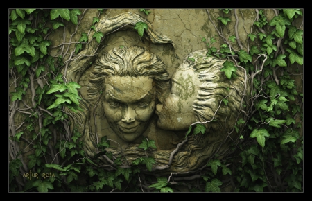 Stone couple - stone, woman, love, couple, girl, artur rosa, valentine, fantasy, game, kiss, man, jungle, green