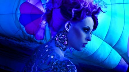 Blue beauty - tattoo, woman, purple, art, girl, blue, fantasy