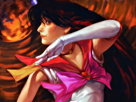 Sailor Mars - k-bose, girl, fantasy, fire, sailor moon, art, pink, orange, anime, brunette, manga