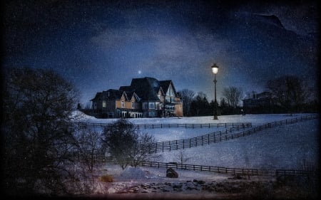 Lone House in Winter Landscape - winter, fields, snow, landscapes, houses, architecture