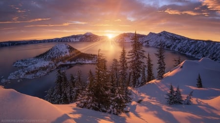 Crater Lake - lake, forest, cool, fun, sunset, nature