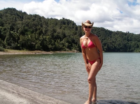 Cowgirl Bikini - cowgirl, water, hat, bikini