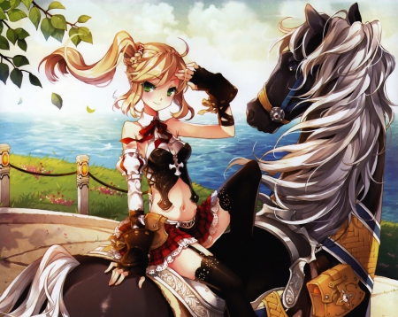 Anime girl - pretty, anime, black horse, girl, sea, horse riding, anime girls, horse