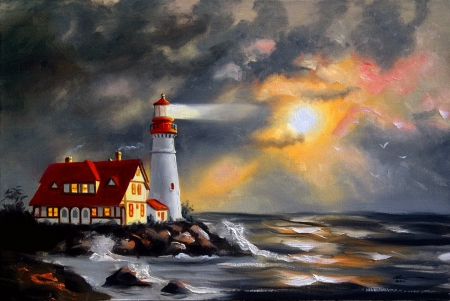 Lighthouse - pretty, coast, lighthouse, beautiful, evening, arty, sea, night, lovely, light, shore, painting, waves, dusk, peaceful, sky