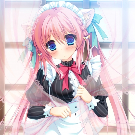 Curtain - pretty, anime, kawaii, female, dress, pink, long hair, curtain, nice, pink hair, anime girl, girl, lovely, maid, sweet, cute, adorable