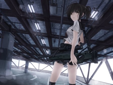 Gun Slin Ger - gun, beauty, nice, female, hot, anime girl, black hair, pretty, sinister, anime, blouse, scene, sexy, skirt, girl, long hair, lovely, cg, hd, beautiful, weapon, scenery, sweet