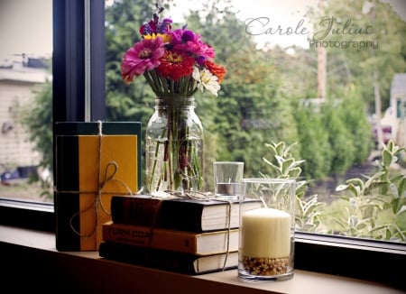 *Flowers and books in window* - view, window, candles, books, flowers, still life, garden