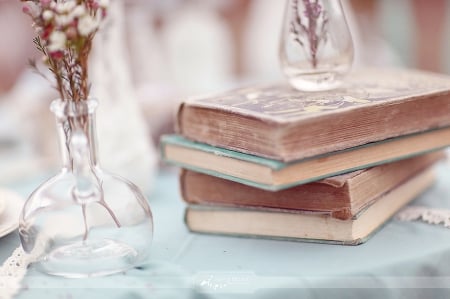 *Romantic mood* - two, vases, glass, soft, still life, romantic, pastel, mood, books, flowers, small