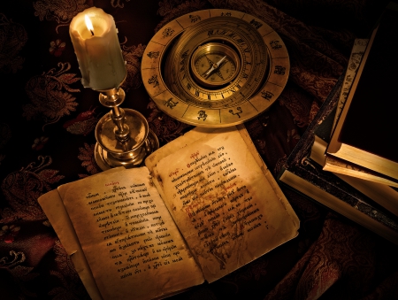 *Old book and compass* - open book, book, candle, thinks, books, compass, still life, dark, vintage, old