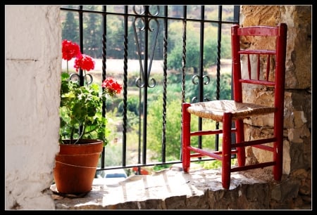 color on the windowsill - on, sill, the, chair, window, red, pot, flowers, geranium