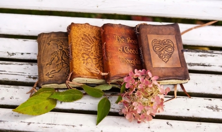 the stories of 4 books - wooden, hydrangea, objects, floor, white, pink, books, four, old, flower