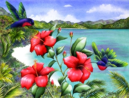 Hibiscus Hummingbirds - hummingbirds, birds, summer, attractions in dreams, beautiful, paintings, beaches, colors, lovely, flowers, nature, tropical, paradise, love four seasons