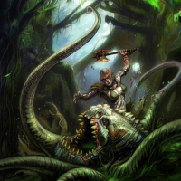 Female Thrall Battling Swamp Lurker