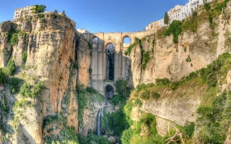 Ronda - bridges, waterfall, Ronda, rock, city, Spain, architecture