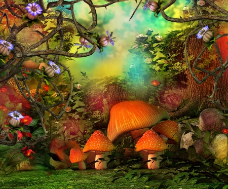 Champignons Forest - mushrooms, photomanipulation, forests, lovely, creative pre-made, nature, love four seasons, beautiful, digital art, flowers, colors, landscapes