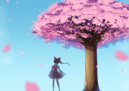 Hakurei Reimu - anime, touhou, cherry blossoms, hakurei reimu, petals, tree, ribbons