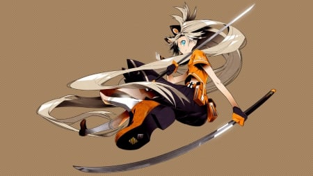 SeeU Never!!! - skirt, swords, blue eyes, long hair, kneehighs, blonde hair, vocaloid, katana, anime, seeu, weapons